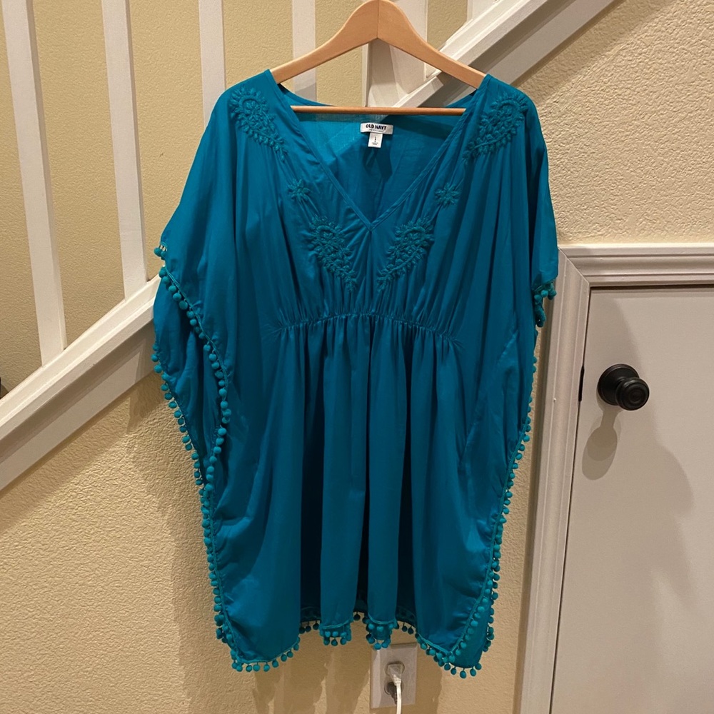Teal Boxy Embroidered Pom Pom Trim Coverup